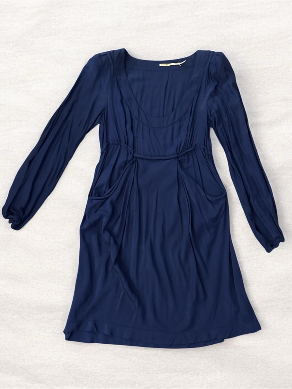 🌿Bamboo Silk•Long-Sleeve Navy Empire-Waist Dress